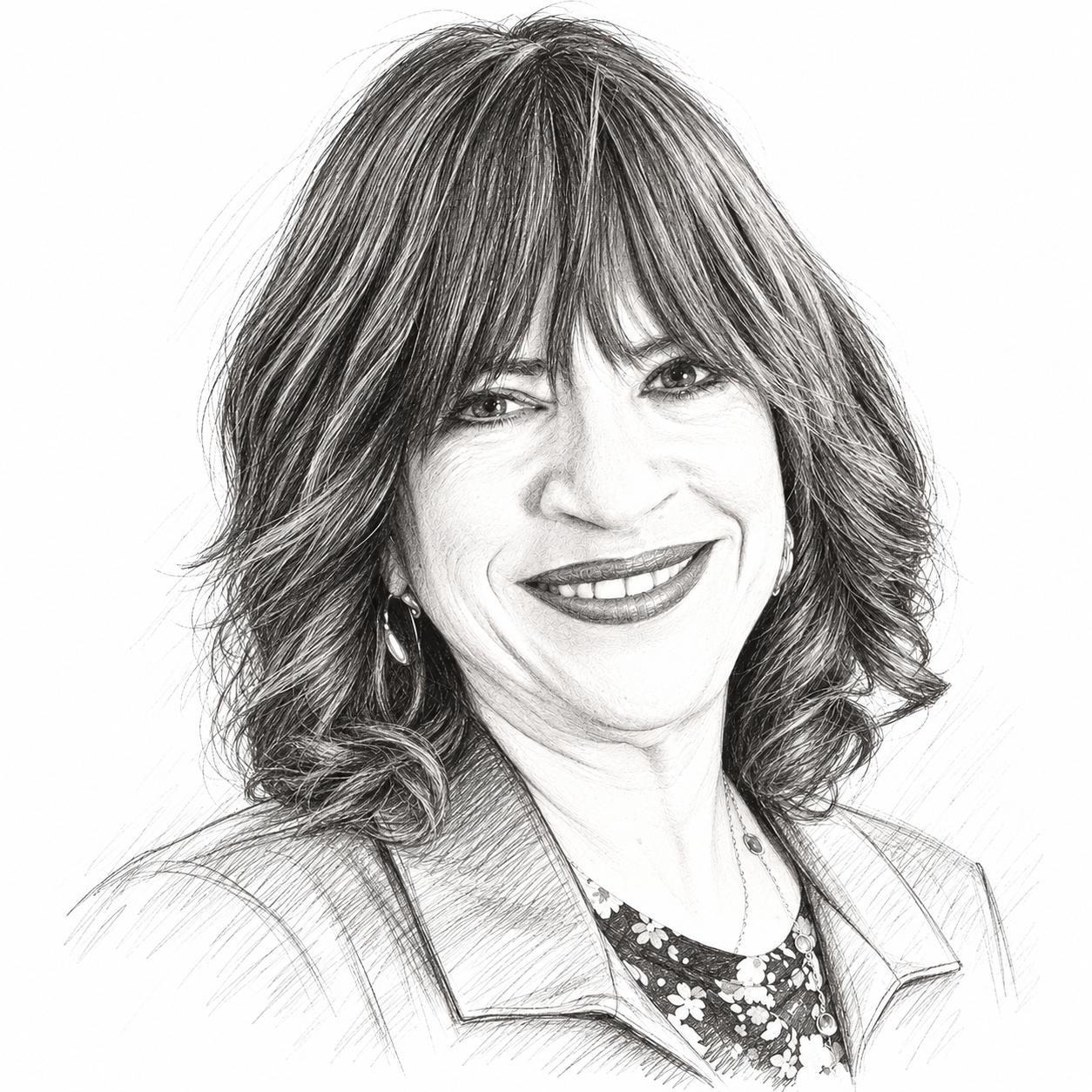 Pencil illustration of Debbie Fund’s portrait on cream paper
